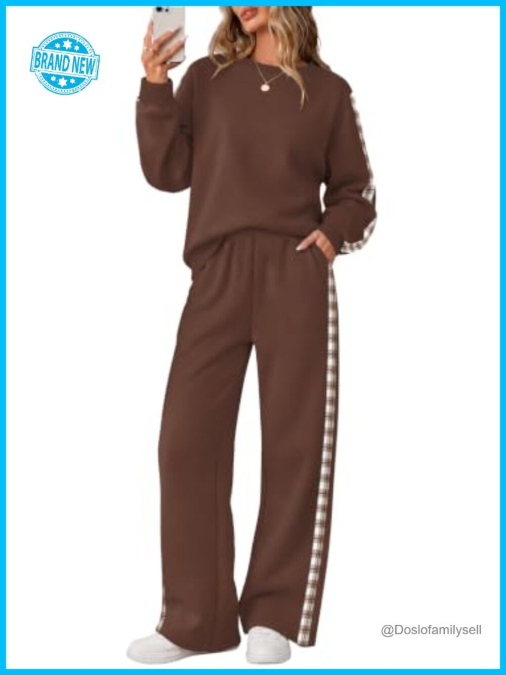 Womens 2 Piece Sweatsuit Set Wide Leg Pants Crewneck Pullover Brushed Fleece